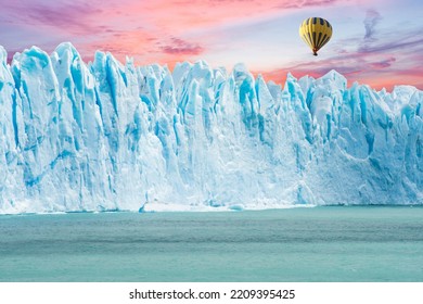 Sightseeing Balloon Flying Over Great Perito Moreno Glacier In Argentina During Sunset Time. 