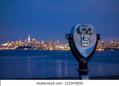 Sightseeing Viewfinder At Vista Point Near Golden Gate Bridge With San Francisco City Skyline At Night