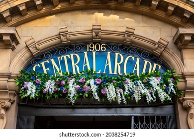 A Sign Above An Entrance To The Central Arcade Shopping Centre In The City Of Newcastle Upon Tyne In The UK.