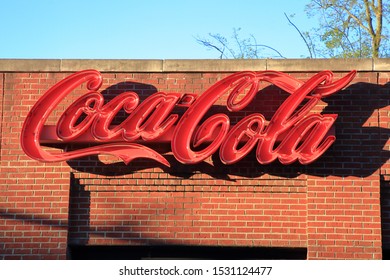 A Sign Advertising Coca-Cola On Beale Street.  The Coca-Cola Cola Company Is A A NYSE Publicly Traded Company With Stock Ticker KO - Memphis, Tennessee, USA - October 13, 2019