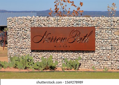 Sign Advertising Narrow Path Winery And Vineyard Which Is Located Off 6331 South Ranch Road 1623.  The Winery Also Has A Tasting Room In Fredericksburg - Stonewall, Texas, USA - November 23, 2019