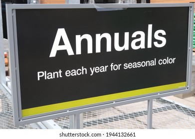 Sign For Annuals. Plant Each Year For Seasonal Color. Garden Center Sign For Spring Summer Sales.                              