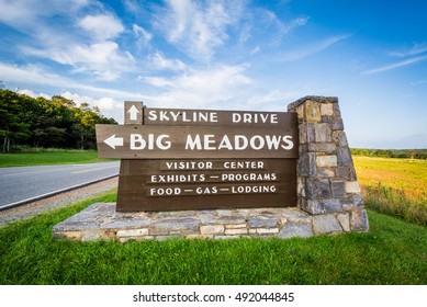 Sign For Big Meadows, Along Skyline Drive, In Shenandoah National Park, Virginia.