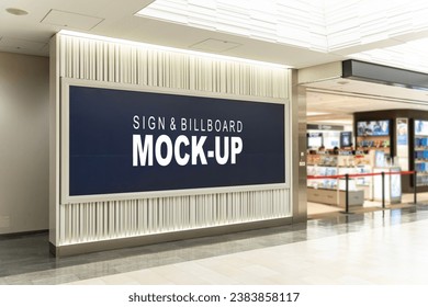 Sign and Billboard Mockup at duty free shop in departure terminal to promote your business or organization in a unique and eye-catching way.