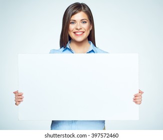 Sign board. Business woman holding big white card. Isolated portrait.