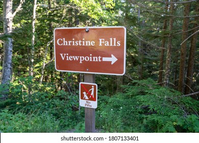 Sign For The Christine Falls Viewpoint, A Waterfall In Mount Rainier National Park