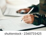 Sign, contract or hands writing on army application, paper or form document for military or war counselling. Deal, survey checklist or soldier with history on paperwork or notes for legal agreement