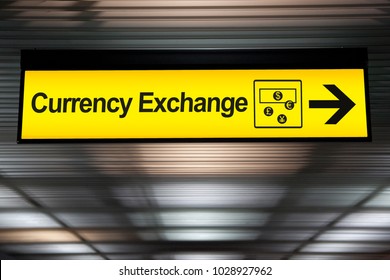 Sign Currency Exchange At The Airport With Money Currency Icon And Arrow For Direction To Currency Exchange Booth Counter Service For Tourist