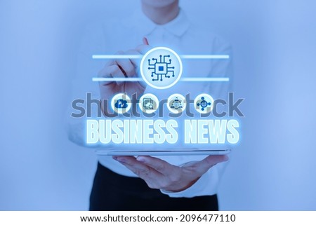 Sign displaying Business News. Internet Concept Commercial Notice Trade Report Market Update Corporate Insight Lady In Uniform Standing Holding Tablet Typing Futuristic Technologies.