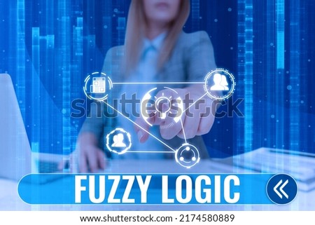 Sign displaying Fuzzy Logic. Business idea checks for extent of dirt and grease amount of soap and water Lady in suit pointing finger represents global innovative thinking.
