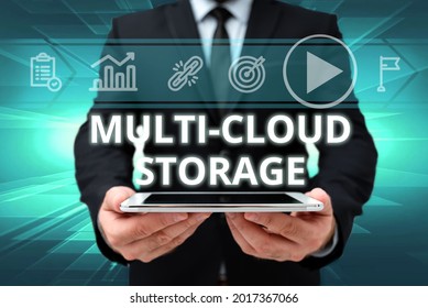 Sign Displaying Multi Cloud Storage. Business Concept Use Of Multiple Cloud Computing And Storage Services Man In Office Uniform Holding Tablet Displaying New Modern Technology.