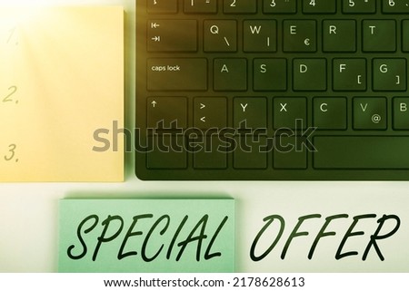 Sign displaying Special Offer. Word Written on Selling at a lower or discounted price Bargain with Freebies Computer Keyboard And Symbol.Information Medium For Communication.