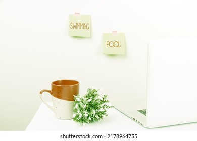 Sign displaying Swimming Pool. Business concept Structure designed to hold water for leisure activities Tidy Workspace Setup, Writing Desk Tools Equipment, Smart Office