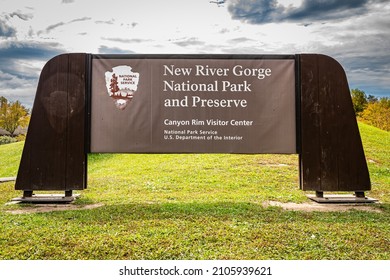 The sign at entrance to Canyon Rim Visitor Center at New River Gorge National Park and Preserve near Fayetteville, West Virginia. - Shutterstock ID 2105939621