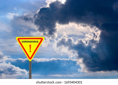 Sign with exclamation mark and inscription coronavirus. Coronavirus warning sign. Warning sign about Coronavirus with dark clouds and sun rays falling from sky. Exclamation point covid-19 - Shutterstock ID 1693404301