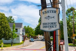 Sign Of Exeter Historic District On Water Street Near Front Street In Historic Downtown Of Exeter, New Hampshire NH, USA. 
