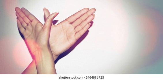 Sign, hands and woman for birds, freedom or flying with emoji, wings and gesture. Signals, fingers and girl with symbol for icon, emoticon and expression for angel, soaring and liberty on background - Powered by Shutterstock