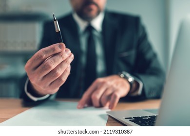 Sign Here, Bank Loan Officer Offering Pen For Client To Put Signature On Agreement, Selective Focus