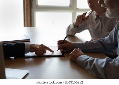 Sign Here Please. Close Up Of Lawyer Manager In Formal Attire Show Retired Couple Customers Place To Sign Insurance Contract Bank Deposit Agreement. Senior Spouses Clients Close Deal In Realtor Office