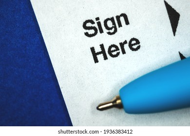 Sign Here, Signature Contract Business Concept With Documents And Pen, Blue Background Photo