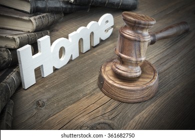 Sign Home, Judges Or Auctioneer Gavel And Old Law Book On The Wood Table. Concept For Trial, Bankruptcy, Tax, Mortgage,  Auction Bidding, Foreclosure Or Inherit Real Estate