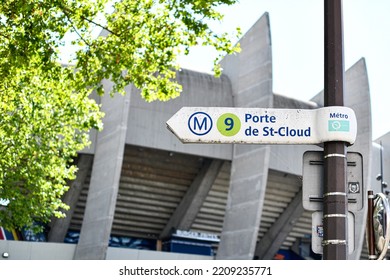 Sign Indicating The Subway (metro, Metropolitain) Line 9 (Porte De Saint-Cloud) In Front Of The Parc Des Princes Stadium, In Paris, France On September 16, 2022.