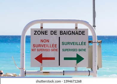 Sign Indicating Which Beach Bathing Zones (zone De Baignade) Are Supervised (surveillée) And Which Are Not (non Surveillée), Nice, France