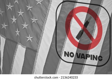 Sign with the interdiction of vaping against black and white usa flag, no vaping, vaping is forbidden, Illustration of vaping restriction with a new law in the US - Shutterstock ID 2136240233