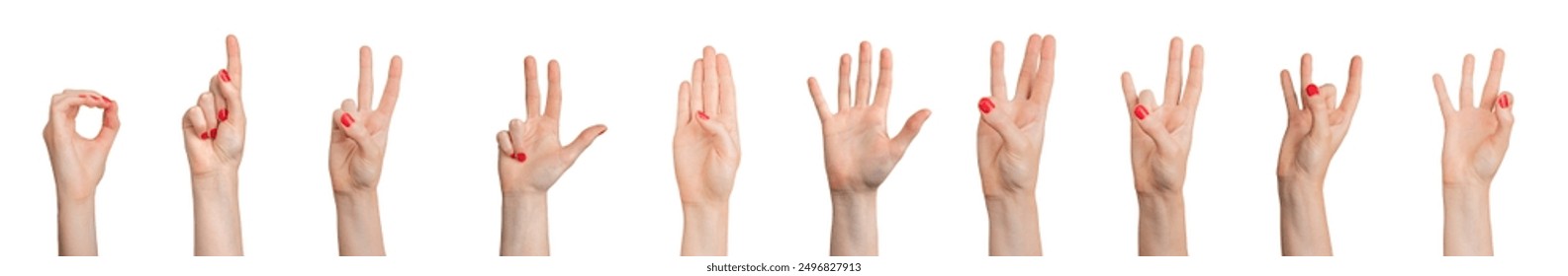 Sign language for counting numbers from zero, one to five, ten, set isolated on white background..