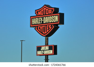 A Sign Located Along Interstate 10 Advertising Javelina Harley Davidson Motorcycle Dealer.  Harley Davidson Is A NYSE Publicly Traded Stock With Ticker HOG.  Boerne, Texas, USA - May 2, 2020