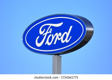 A Sign Located Along Interstate 10 Advertising Jennings Ford,Ford Is NYSE Publicly Traded Stock With Ticker F.  Boerne, Texas, USA - May 2, 2020May 2, 202