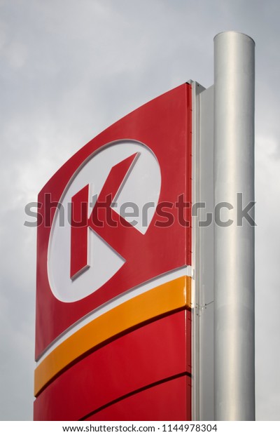 Sign and logo of international\
chain of gas stations, Circle K. Riga, Latvia, July 24,\
2018