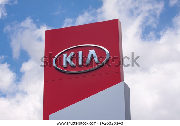 Sign with the logo of\
Kia Motors Corporation. Headquartered in Seoul, Kia is South\
Korea\'s second-largest automobile manufacturer. Copenhagen, Denmark\
- June 17, 2019