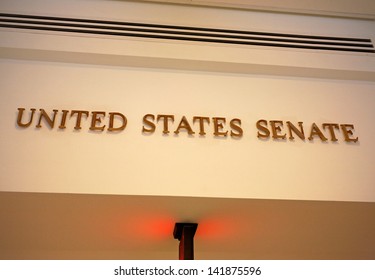 A Sign Marks An Entrance To The United States Senate In The US Capitol Building.