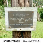 A sign in memory of Hurricane Hugo which made landfall on Puerto Rico on September 18, 1989 and stayed for 15 hours of destruction.  Ceiba, Puerto Rico.