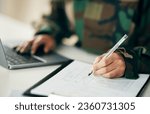 Sign, military or hands writing on application or contract, form document for war counselling. Laptop, survey checklist or soldier with history on paperwork or notes for legal agreement or note