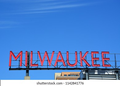 Sign for Milwaukee with the sky in the background. Located on Lake Michigan in S.E. Wisconsin and incorporated in 1846, Milwaukee has a population of just under 600,000.