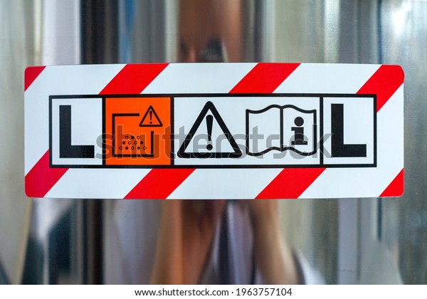 Sign on the equipment -\
air filter cleaning dust class L. Air filter icon. Minsk, Belarus -\
April 2021