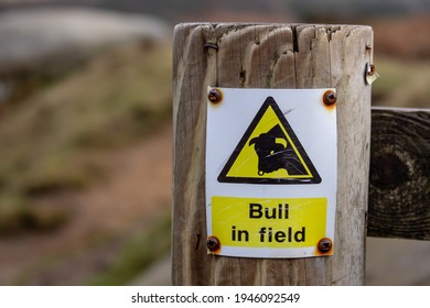 A sign on a wodden post warning people that there is a bull in this field