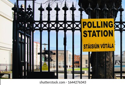A sign outside a polling station in Dublin, Ireland guides voters in the General Election, February 13, 2020.