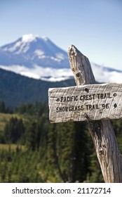 Sign for the Pacific Crest trail, with Mount Adams in background