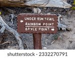 Sign pointing the direction to Under Rim Trail, Rainbow Point and Bryce Point in Bryce Canyon National Park in Utah during spring.
