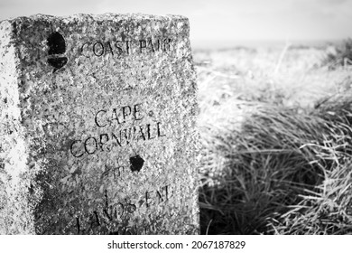 Sign Post To Cape Cornwall On South West Coast Path, Black And White