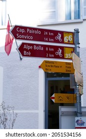 Sign Post At Mountain Monte Brè On A Late Summer Morning. Photo Taken September 11th, 2021, Lugano, Switzerland.