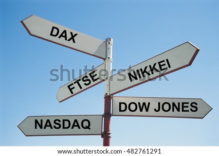 Sign post with various stock exchanges written on them