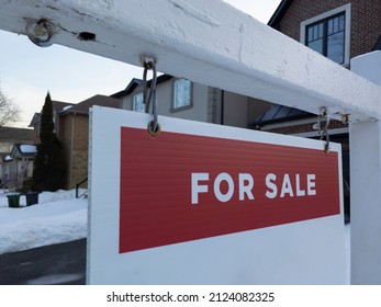 Sign For Sale In Front Of A Detached House In Residential Area. Real Estate Bubble, New Listings, Hot Housing Market, Overpriced Property, Overpaid For House, Buyer Activity Concept