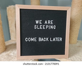 A Sign Saying We Are Sleeping Come Back Later. The Felt Sign Has Removable Letters Than Can Be Moved Around To Make Whatever Words Or Saying One Wants. 