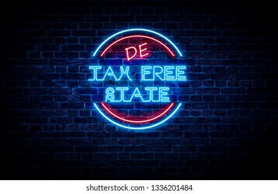 A sign showing Delaware state slogan, in blue and red neon light on a brick wall background and wires on the side. - Shutterstock ID 1336201484