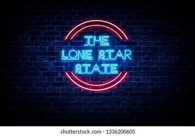 A sign showing Texas state slogan, in blue and red neon light on a brick wall background and wires on the side. - Shutterstock ID 1336200605