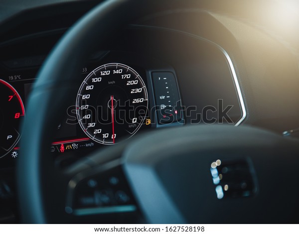 The sign and symbol on car dashboard. Car
speedometer closeup. Car
interior.